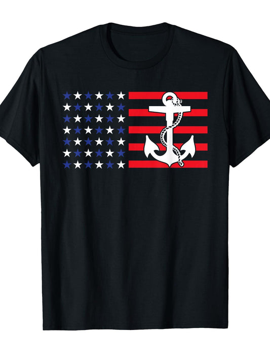 American Flag Anchor Shirt Patriotic Military July Navy USA T-Shirt Anchor 180gsm Cotton Round Neck Short Sleeve Men Casual T-Shirt