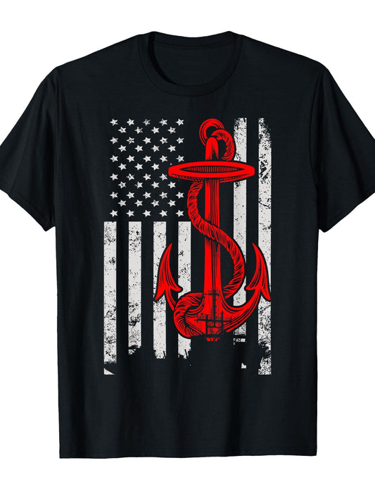 American Flag Anchor Sailboats Funny Gifts Sailors Sailing T-Shirt Anchor 180gsm Cotton Round Neck Short Sleeve Men Casual T-Shirt